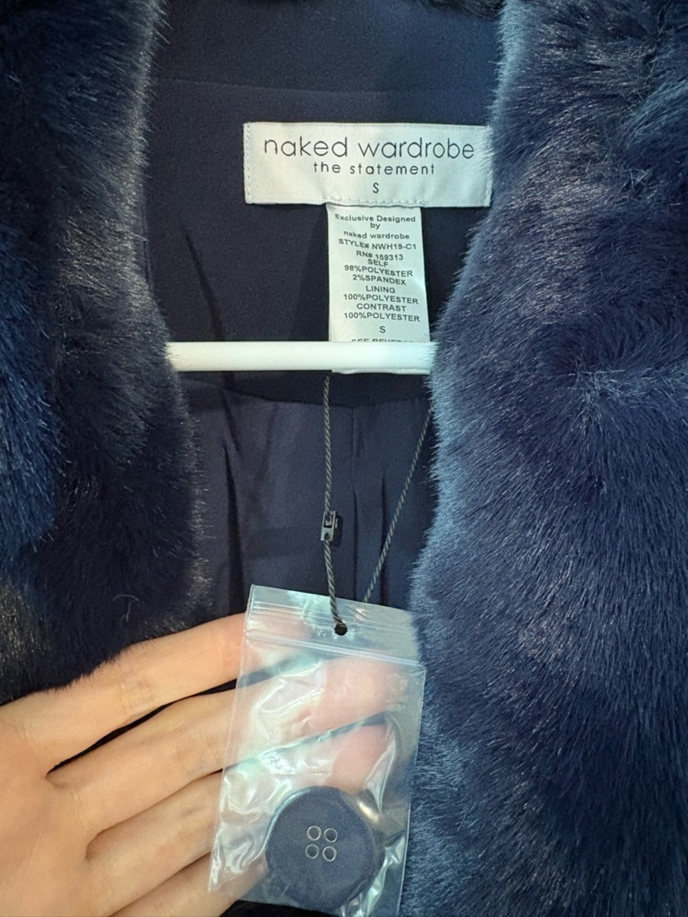 naked wardrobe Navy Faux-Fur Collar Long Coat - Picture 3 of 4